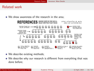 Research Papers Structure: More Details
Related work
We show awareness of the research in the area;
We describe existing methods;
We describe why our research is diﬀerent from everything that was
done before;
Dr.Natalia Konstantinova (University of Wolverhampton) Academic Writing 12 April, 2014 13 / 23
 