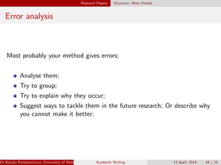 Research Papers Structure: More Details
Error analysis
Most probably your method gives errors;
Analyse them;
Try to group;
Try to explain why they occur;
Suggest ways to tackle them in the future research; Or describe why
you cannot make it better;
Dr.Natalia Konstantinova (University of Wolverhampton) Academic Writing 12 April, 2014 18 / 23
 