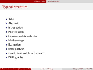 Research Papers Typical structure
Typical structure
Title
Abstract
Introduction
Related work
Resources/data collection
Methodology
Evaluation
Error analysis
Conclusions and future research
Bibliography
Dr.Natalia Konstantinova (University of Wolverhampton) Academic Writing 12 April, 2014 10 / 23
 