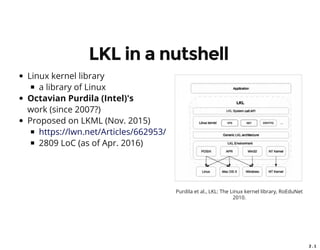 2 . 1
LKL in a nutshell
Linux kernel library
a library of Linux
Octavian Purdila (Intel)'s
work (since 2007?)
Proposed on LKML (Nov. 2015)
2809 LoC (as of Apr. 2016)
https://lwn.net/Articles/662953/
Purdila et al., LKL: The Linux kernel library, RoEduNet
2010.
 