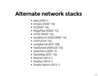4 . 3
Alternate network stacks
lwip (2002~)
Arrakis [OSDI '14]
IX [OSDI '14]
MegaPipe [OSDI '12]
mTCP [NSDI '14]
SandStorm [SIGCOMM '14]
uTCP [CCR '14]
rumpkernel [ATC '09]
FastSocket [ASPLOS '16]
SolarFlare (2007~?)
StackMap [ATC '16]
libuinet (2013~)
SeaStar (2014~)
Snabb Switch (2012~)
 