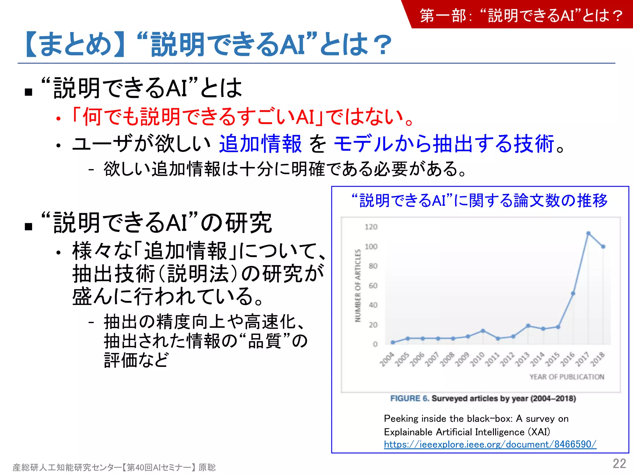 産総研人工知能研究センター【第40回AIセミナー】 原聡
【まとめ】 “説明できるAI”とは？
n “説明できるAI”とは
• 「何でも説明できるすごいAI」ではない。
• ユーザが欲しい 追加情報 を モデルから抽出する技術。
- 欲しい追加情報は十分に明確である必要がある。
n “説明できるAI”の研究
• 様々な「追加情報」について、
抽出技術（説明法）の研究が
盛んに行われている。
- 抽出の精度向上や高速化、
抽出された情報の“品質”の
評価など
22
第一部： “説明できるAI”とは？
“説明できるAI”に関する論文数の推移
Peeking inside the black-box: A survey on
Explainable Artificial Intelligence (XAI)
https://ieeexplore.ieee.org/document/8466590/
 