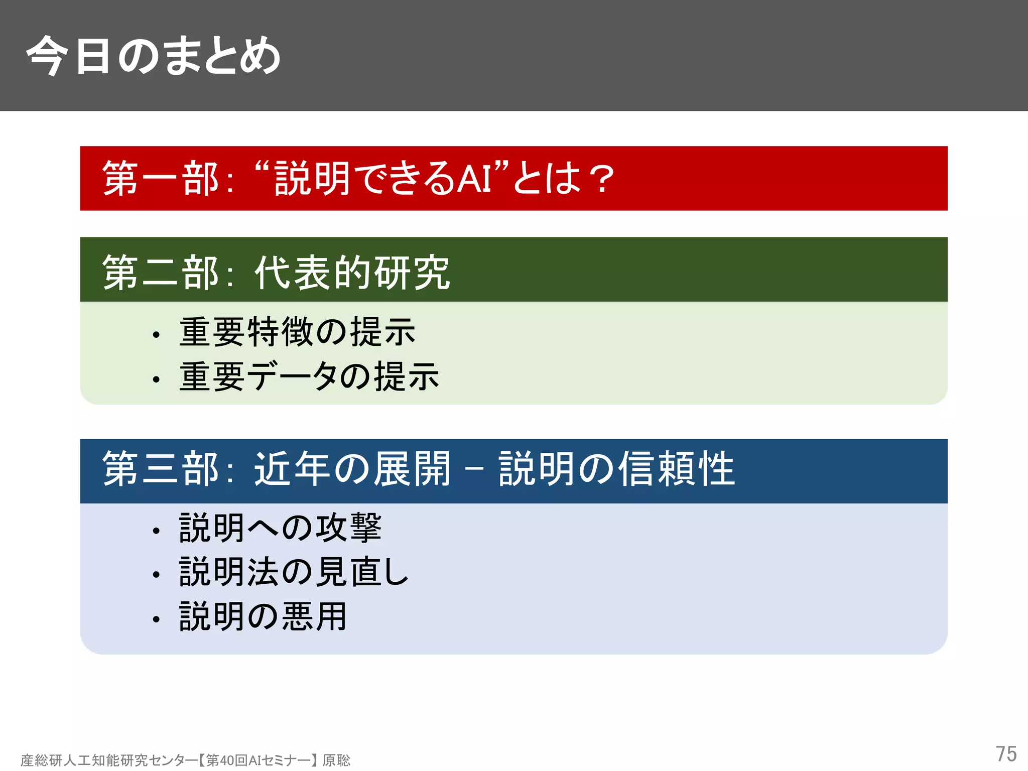 産総研人工知能研究センター【第40回AIセミナー】 原聡
今日のまとめ
第一部： “説明できるAI”とは？
第二部： 代表的研究
• 重要特徴の提示
• 重要データの提示
第三部： 近年の展開 – 説明の信頼性
• 説明への攻撃
• 説明法の見直し
• 説明の悪用
75
 