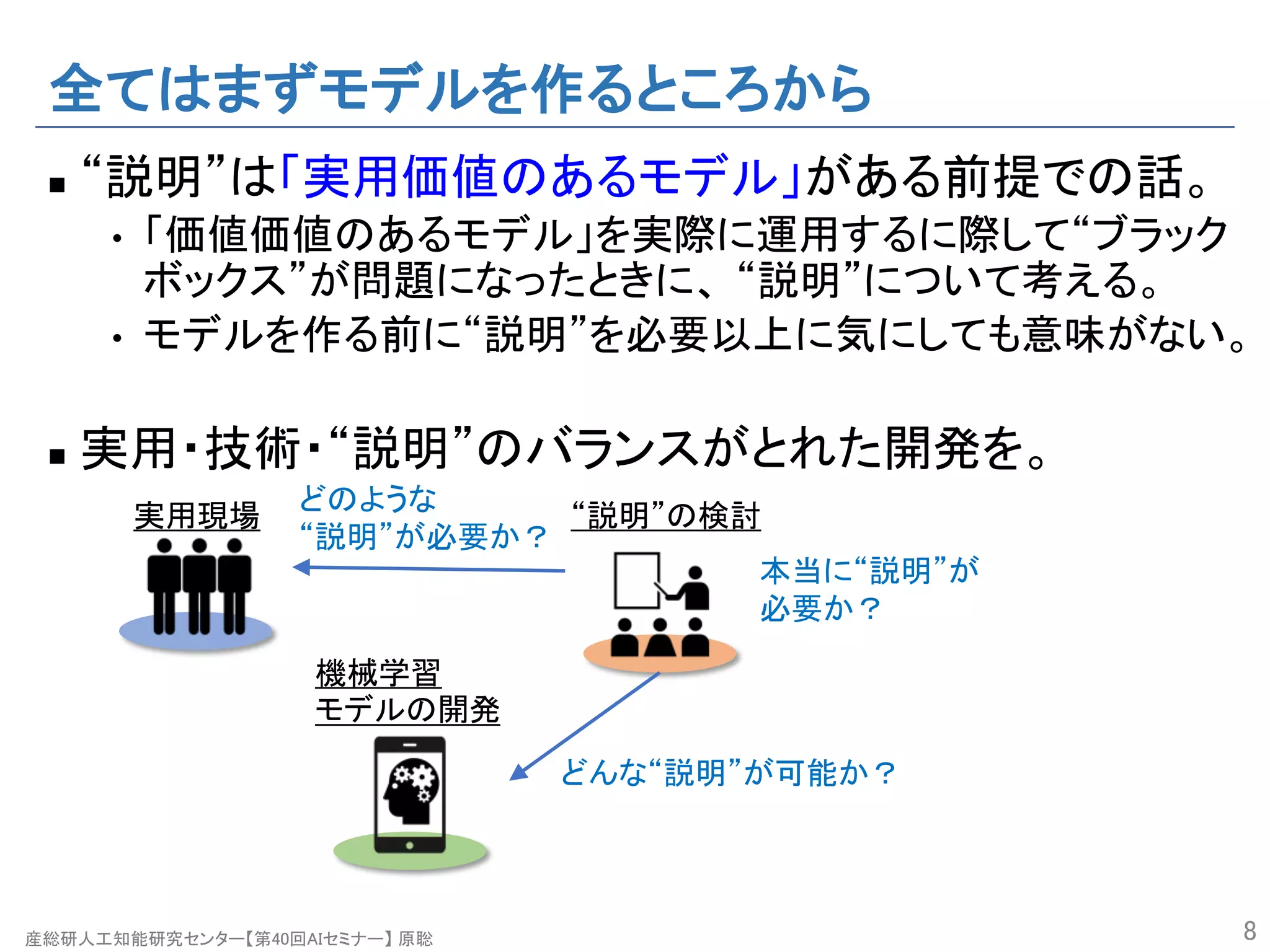 産総研人工知能研究センター【第40回AIセミナー】 原聡
全てはまずモデルを作るところから
n “説明”は「実用価値のあるモデル」がある前提での話。
• 「価値価値のあるモデル」を実際に運用するに際して“ブラック
ボックス”が問題になったときに、 “説明”について考える。
• モデルを作る前に“説明”を必要以上に気にしても意味がない。
n 実用・技術・“説明”のバランスがとれた開発を。
8
どんな“説明”が可能か？
機械学習
モデルの開発
“説明”の検討実用現場
どのような
“説明”が必要か？
本当に“説明”が
必要か？
 