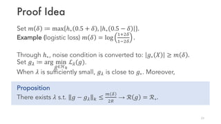 Proof Idea
Set 𝑚 𝛿 ≔ max ℎ∗ 0.5 + 𝛿 , ℎ∗ 0.5 − 𝛿 .
Example (logistic loss) 𝑚 𝛿 = log
10¢
1¡¢
.
Through ℎ∗, noise condition is converted to: 𝑔∗ 𝑋 ≥ 𝑚 𝛿 .
Set 𝑔6 ≔ arg min
S∈ℋU
ℒ6(𝑔).
When 𝜆 is sufficiently small, 𝑔6 is close to 𝑔∗. Moreover,
Proposition
There exists 𝜆 s.t. 𝑔 − 𝑔6 [ ≤
Œ ¢
®
→ ℛ 𝑔 = ℛ∗.
23
 