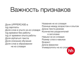 Важность признаков
Доля UPPPERCASE-а
log зарплаты
Доля слов в опыте не из словаря
log времени без работы
log от времени опыта работы
Доля alphanum текста
Доля описания обучения
Доля слов в образовании  
не из словаря
Название не из словаря
Разница между возрастом и опытом
Длина текста резюме
Количество разделителей 
в заголовке
Навыки не из словаря
Размер слов в навыках
Возраст
Длина фамилии
Университеты не из словаря
 