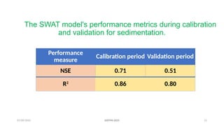 07/09/2025 15
The SWAT model's performance metrics during calibration
and validation for sedimentation.
Performance
measure
Calibration period Validation period
NSE 0.71 0.51
R2
0.86 0.80
AISTMI-2025
 