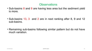 07/09/2025 19
Observations
• Sub-basins 8 and 9 are having less area but the sediment yield
is more.
• Sub-basins 13, 3 and 2 are in next ranking after 8, 9 and 12
sub-basins.
• Remaining sub-basins following similar pattern but do not have
much variation.
AISTMI-2025
 