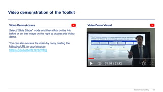 10
Domont Consulting
Video demonstration of the Toolkit
Video Demo Access Video Demo Visual
Select “Slide Show” mode and then click on the link
below or on the image on the right to access this video
demo.
You can also access the video by copy pasting the
following URL in your browser:
https://youtu.be/fC7LP6hV1fg
 