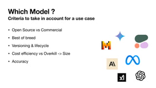 Which Model ?
Criteria to take in account for a use case
• Open Source vs Commercial
• Best of breed
• Versioning & lifecycle
• Cost e
ffi
ciency vs Overkill -> Size
• Accuracy
 