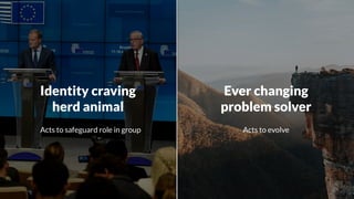 Acts to evolve
Identity craving
herd animal
Acts to safeguard role in group
Ever changing
problem solver
 
