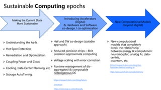 Sustainable Computing epochs
Making the Current State
More Sustainable
Introducing Accelerators
(Digital)
& Hardware and Software
co-design / co-optimization
New Computational Models
(beyond digital)
 Understanding the As-Is
 Hot Spot Detection
 Remediation and Optimization
 Coupling Power and Cloud
 Cooling, Data Center Planning, etc
 Storage AutoTiering.
 HW and SW co-design (scalable
approach)
 Reduced precision chips – 8bit
precision approximate computing
 Voltage scaling with error correction
 Runtime management of dis-
aggregated & composable
heterogenous DC
 New computational
models that completely
break the relationship
between energy & computation:
neuromorphic, analog AI, data-
centric,
quantum, etc.
https://research.ibm.com/blog/telum-
processor
https://www.esp.cs.columbia.edu
https://research.ibm.com/blog/the-
hardware-behind-analog-ai
https://www.zurich.ibm.com/sto/memory/
IBM Research | © 2022 IBM Corporation 10
 