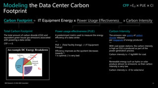 Carbon Intensity
The emission rate: grams of carbon
dioxide released
per megajoule of energy produced
—
With coal power stations, the carbon intensity
is high as CO2 is produced as part of the
power generation process.
Carbon intensity is >1 kg/kWh for coal;
—
Renewable energy such as hydro or solar
produce almost no emissions, so their carbon
intensity is very low.
Carbon intensity is ~0 for solar/wind
Modeling the Data Center Carbon
Footprint
11
x Carbon Intensity
Power usage effectiveness (PUE)
A predominant metric used to measure the energy
efficiency of a data center.
—
PUE = (Total Facility Energy) / ( IT Equipment
Energy)
Efficiency improves as the quotient decreases
towards 1.
1 is optimal, 2 is very bad.
Total Carbon Footprint
The total amount of carbon dioxide (CO2) and
equivalent green house gas emissions associated
with powering a data center.
CFP >= 0.
Carbon Footprint = IT Equipment Energy x Power Usage Effectiveness
CFP =EIT × PUE × CI
EIT
PUE
An example DC Energy Breakdown
IBM Research | © 2022 IBM Corporation
 