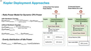 17
Kepler Deployment Approaches
- Ratio Power Model for Dynamic CPU Power
with Hardware Counter:
DynPowerprocess i =
𝐶𝑃𝑈 𝑐𝑦𝑐𝑙𝑒𝑠 𝑝𝑟𝑜𝑐𝑒𝑠𝑠 𝑖
𝛴𝐶𝑃𝑈 𝑐𝑦𝑐𝑙𝑒𝑠
𝑥 DynPowerhost_CPU
without Hardware Counter:
DynPowerprocess i =
𝐵𝐹𝑃 𝐶𝑃𝑈 𝑡𝑖𝑚𝑒 𝑝𝑟𝑜𝑐𝑒𝑠𝑠 𝑖
𝛴𝐵𝑃𝐹 𝐶𝑃𝑈 𝑡𝑖𝑚𝑒
𝑥
DynPowerhost_CPU
DynPowercontainer j = Σ 𝑖 𝜖 𝑗 DynPowerprocess i
- Evenly distribution of Idle Power
Powercontainer j = IdlePowerhost_CPU / numContainers GPU (nvml)
 