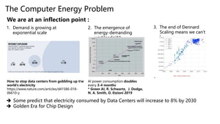 The Computer Energy Problem
8
We are at an inflection point :
3. The end of Dennard
Scaling means we can’t
keep up
 Some predict that electricity consumed by Data Centers will increase to 8% by 2030
 Golden Era for Chip Design
1. Demand is growing at
exponential scale
How to stop data centers from gobbling up the
world’s electricity
https://www.nature.com/articles/d41586-018-
06610-y
2. The emergence of
energy-demanding
workloads(AI)
AI power consumption doubles
every 3-4 months
* Green AI, R. Schwartz, J. Dodge,
N. A. Smith, O. Etzioni 2019
 