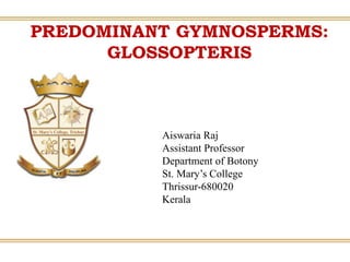 PREDOMINANT GYMNOSPERMS:
GLOSSOPTERIS
Aiswaria Raj
Assistant Professor
Department of Botony
St. Mary’s College
Thrissur-680020
Kerala
 
