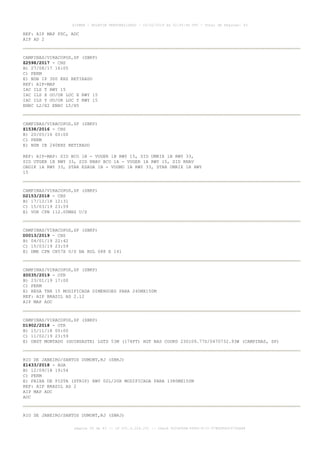 REF: AIP MAP PDC, ADC
AIP AD 2
CAMPINAS/VIRACOPOS,SP (SBKP)
Z2598/2017 - CNS
B) 27/08/17 16:05
C) PERM
E) NDB IP 300 KHZ RETIRADO
REF: AIP-MAP
IAC ILS T RWY 15
IAC ILS X OU/OR LOC X RWY 15
IAC ILS Y OU/OR LOC Y RWY 15
ENRC L2/H2 ENRC L5/H5
CAMPINAS/VIRACOPOS,SP (SBKP)
Z1538/2016 - CNS
B) 20/05/16 00:00
C) PERM
E) NDB IB 240KHZ RETIRADO
REF: AIP-MAP: SID BCO 1B - VUGER 1B RWY 15, SID UMRIX 1B RWY 33,
SID UTGER 1B RWY 33, SID RNAV BCO 1A - VUGER 1A RWY 15, SID RNAV
OBDIK 1A RWY 33, STAR ESADA 1B - VUGMU 1B RWY 33, STAR UMRIX 1B RWY
15
CAMPINAS/VIRACOPOS,SP (SBKP)
D2153/2018 - CNS
B) 17/12/18 12:31
C) 15/03/19 23:59
E) VOR CPN 112.00MHZ U/S
CAMPINAS/VIRACOPOS,SP (SBKP)
D0013/2019 - CNS
B) 04/01/19 22:42
C) 15/03/19 23:59
E) DME CPN CH57X U/S NA RDL 088 E 141
CAMPINAS/VIRACOPOS,SP (SBKP)
Z0035/2019 - OTR
B) 23/01/19 17:00
C) PERM
E) RESA THR 15 MODIFICADA DIMENSOES PARA 240MX150M
REF: AIP BRASIL AD 2.12
AIP MAP ADC
CAMPINAS/VIRACOPOS,SP (SBKP)
D1902/2018 - OTR
B) 15/11/18 00:00
C) 11/02/19 23:59
E) OBST MONTADO (GUINDASTE) LGTD 53M (174FT) HGT NAS COORD 230109.77S/0470732.93W (CAMPINAS, SP)
RIO DE JANEIRO/SANTOS DUMONT,RJ (SBRJ)
Z1433/2018 - AGA
B) 12/09/18 19:54
C) PERM
E) FAIXA DE PISTA (STRIP) RWY 02L/20R MODIFICADA PARA 1380MX150M
REF: AIP BRASIL AD 2
AIP MAP ADC
AOC
RIO DE JANEIRO/SANTOS DUMONT,RJ (SBRJ)
AISWEB - BOLETIM PERSONALIZADO - 03/02/2019 às 02:45:46 UTC - Total de Páginas: 43
página 26 de 43 :: IP 201.6.228.231 :: check DC04F6DB-FF8D-4172-97BDDF6D2470DA88
 