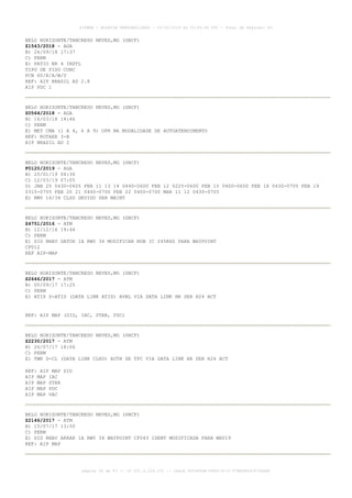BELO HORIZONTE/TANCREDO NEVES,MG (SBCF)
Z1543/2018 - AGA
B) 26/09/18 17:37
C) PERM
E) PATIO NR 4 INSTL
TIPO DE PISO CONC
PCN 60/R/A/W/U
REF: AIP BRASIL AD 2.8
AIP PDC 1
BELO HORIZONTE/TANCREDO NEVES,MG (SBCF)
Z0564/2018 - AGA
B) 16/03/18 14:46
C) PERM
E) MET CMA (1 A 4, 6 A 9) OPR NA MODALIDADE DE AUTOATENDIMENTO
REF: ROTAER 3-B
AIP BRASIL AD 2
BELO HORIZONTE/TANCREDO NEVES,MG (SBCF)
F0120/2019 - AGA
B) 25/01/19 04:30
C) 12/03/19 07:05
D) JAN 25 0430-0605 FEB 11 13 14 0440-0600 FEB 12 0225-0600 FEB 15 0400-0600 FEB 18 0430-0705 FEB 19
0315-0705 FEB 20 21 0440-0700 FEB 22 0400-0700 MAR 11 12 0430-0705
E) RWY 16/34 CLSD DEVIDO SER MAINT
BELO HORIZONTE/TANCREDO NEVES,MG (SBCF)
Z4751/2016 - ATM
B) 12/12/16 19:44
C) PERM
E) SID RNAV GATOX 1A RWY 34 MODIFICAR NDB IC 245KHZ PARA WAYPOINT
CF012
REF AIP-MAP
BELO HORIZONTE/TANCREDO NEVES,MG (SBCF)
Z2646/2017 - ATM
B) 05/09/17 17:25
C) PERM
E) ATIS D-ATIS (DATA LINK ATIS) AVBL VIA DATA LINK HR SER H24 ACT
REF: AIP MAP (SID, IAC, STAR, PDC)
BELO HORIZONTE/TANCREDO NEVES,MG (SBCF)
Z2230/2017 - ATM
B) 26/07/17 18:06
C) PERM
E) TWR D-CL (DATA LINK CLRD) AUTH DE TFC VIA DATA LINK HR SER H24 ACT
REF: AIP MAP SID
AIP MAP IAC
AIP MAP STAR
AIP MAP PDC
AIP MAP VAC
BELO HORIZONTE/TANCREDO NEVES,MG (SBCF)
Z2146/2017 - ATM
B) 15/07/17 13:50
C) PERM
E) SID RNAV AKRAR 1A RWY 34 WAYPOINT CF043 IDENT MODIFICADA PARA WH019
REF: AIP MAP
AISWEB - BOLETIM PERSONALIZADO - 03/02/2019 às 02:45:46 UTC - Total de Páginas: 43
página 36 de 43 :: IP 201.6.228.231 :: check DC04F6DB-FF8D-4172-97BDDF6D2470DA88
 