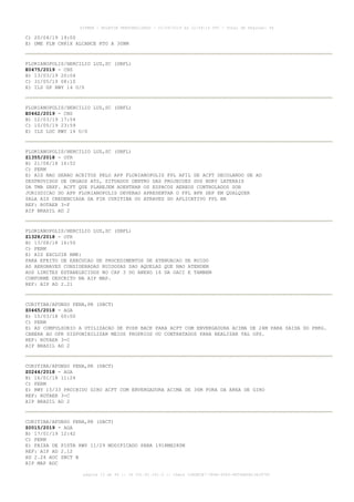 C) 20/04/19 19:00
E) DME FLN CH81X ALCANCE RTO A 30NM
FLORIANOPOLIS/HERCILIO LUZ,SC (SBFL)
E0475/2019 - CNS
B) 13/03/19 20:04
C) 31/05/19 08:10
E) ILS GP RWY 14 U/S
FLORIANOPOLIS/HERCILIO LUZ,SC (SBFL)
E0462/2019 - CNS
B) 12/03/19 17:54
C) 10/05/19 23:59
E) ILS LOC RWY 14 U/S
FLORIANOPOLIS/HERCILIO LUZ,SC (SBFL)
Z1355/2018 - OTR
B) 21/08/18 16:52
C) PERM
E) AIS NAO SERAO ACEITOS PELO APP FLORIANOPOLIS FPL AFIL DE ACFT DECOLANDO DE AD
DESPROVIDOS DE ORGAOS ATS, SITUADOS DENTRO DAS PROJECOES DOS BDRY LATERAIS
DA TMA SBXF. ACFT QUE PLANEJEM ADENTRAR OS ESPACOS AEREOS CONTROLADOS SOB
JURISDICAO DO APP FLORIANOPOLIS DEVERAO APRESENTAR O FPL BFR DEP EM QUALQUER
SALA AIS CREDENCIADA DA FIR CURITIBA OU ATRAVES DO APLICATIVO FPL BR
REF: ROTAER 3-F
AIP BRASIL AD 2
FLORIANOPOLIS/HERCILIO LUZ,SC (SBFL)
Z1328/2018 - OTR
B) 13/08/18 16:50
C) PERM
E) AIS EXCLUIR RMK:
PARA EFEITO DE EXECUCAO DE PROCEDIMENTOS DE ATENUACAO DE RUIDO
AS AERONAVES CONSIDERADAS RUIDOSAS SAO AQUELAS QUE NAO ATENDEM
AOS LIMITES ESTABELECIDOS NO CAP 3 DO ANEXO 16 DA OACI E TAMBEM
CONFORME DESCRITO NA AIP MAP.
REF: AIP AD 2.21
CURITIBA/AFONSO PENA,PR (SBCT)
Z0465/2018 - AGA
B) 15/03/18 00:00
C) PERM
E) AD COMPULSORIO A UTILIZACAO DE PUSH BACK PARA ACFT COM ENVERGADURA ACIMA DE 24M PARA SAIDA DO PRKG.
CABERA AO OPR DISPONIBILIZAR MEIOS PROPRIOS OU CONTRATADOS PARA REALIZAR TAL OPS.
REF: ROTAER 3-C
AIP BRASIL AD 2
CURITIBA/AFONSO PENA,PR (SBCT)
Z0244/2018 - AGA
B) 16/01/18 11:24
C) PERM
E) RWY 15/33 PROIBIDO GIRO ACFT COM ENVERGADURA ACIMA DE 36M FORA DA AREA DE GIRO
REF: ROTAER 3-C
AIP BRASIL AD 2
CURITIBA/AFONSO PENA,PR (SBCT)
Z0015/2019 - AGA
B) 17/01/19 12:42
C) PERM
E) FAIXA DE PISTA RWY 11/29 MODIFICADO PARA 1918MX280M
REF: AIP AD 2.12
AD 2.24 AOC SBCT B
AIP MAP ADC
AISWEB - BOLETIM PERSONALIZADO - 01/04/2019 às 12:49:14 UTC - Total de Páginas: 44
página 13 de 44 :: IP 201.81.161.0 :: check 32BDB3E7-384A-4544-9F54EB5B13A3979C
 