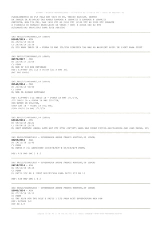 PLANEJAMENTOS DE FLT PELA AWY UZ45 OU W6, TRECHO ADA/SAT, DENTRO
DA JANELA DE ATIVACAO DAS AREAS XAVANTE A (SBR431) E XAVANTE B (SBR421)
PREVISTA, MON TIL FRI, DAS 1630 UTC AS 2100 UTC (1530 UTC AS 2000 UTC DURANTE
A VIGENCIA DO HORARIO BRASILEIRO DE VERAO - HBV) E AINDA OBS AS RTE
ALTERNATIVAS PREVISTAS PARA ESTE PERIODO
SAO PAULO/CONGONHAS,SP (SBSP)
D0062/2019 - ATM
B) 25/01/19 00:00
C) 24/04/19 23:59
E) SID RNAV IMBID 1E - PUKRA 1E RWY 35L/35R CORRIGIR IAS MAX NO WAYPOINT SP001 DE 190KT PARA 220KT
SAO PAULO/CONGONHAS,SP (SBSP)
Z2570/2017 - CNS
B) 23/08/17 21:09
C) PERM
E) NDB PP 330 KHZ RETIRADO
REF: AIP-MAP IAC ILS X OU/OR LOC X RWY 35L
ARC SAO PAULO
SAO PAULO/CONGONHAS,SP (SBSP)
Z1540/2016 - CNS
B) 20/05/16 00:00
C) PERM
E) NDB IB 240KHZ RETIRADO
REF: AIP-MAP: SID IMBID 1B - PUKRA 1B RWY 17L/17R,
SID IMBID 1B - PUKRA 1B RWY 35L/35R,
SID NINVU 1B 35L/35R,
STAR SAT 1B - VUDBU 1B 35L/35R,
STAR SALTU 1B RWY 17L/17R
SAO PAULO/CONGONHAS,SP (SBSP)
D0030/2019 - OTR
B) 08/01/19 22:21
C) 06/04/19 23:59
E) OBST MONTADO (GRUA) LGTD ALT OTP 875M (2871FT) AMSL NAS COORD 233510.66S/0463824.34W (SAO PAULO, SP)
SAO PAULO/GUARULHOS - GOVERNADOR ANDRE FRANCO MONTORO,SP (SBGR)
Z4256/2016 - AGA
B) 14/11/16 11:45
C) PERM
E) PATIO K (6) ASPH/CONC 100/F/B/W/T E 85/R/B/W/T INSTL
REF: AIP MAP GMC 1 E 2
SAO PAULO/GUARULHOS - GOVERNADOR ANDRE FRANCO MONTORO,SP (SBGR)
Z4218/2016 - AGA
B) 09/11/16 19:13
C) PERM
E) PATIO VIP NR 6 IDENT MODIFICADA PARA PATIO VIP NR 12
REF: AIP MAP GMC 1 E 2
SAO PAULO/GUARULHOS - GOVERNADOR ANDRE FRANCO MONTORO,SP (SBGR)
Z3982/2016 - AGA
B) 27/10/16 13:13
C) PERM
E) TWY ALFA BTN TWY GOLF E PATIO 1 LTD PARA ACFT ENVERGADURA MAX 65M
REF: ROTAER 3-S
AIP AD 2.8
AISWEB - BOLETIM PERSONALIZADO - 01/04/2019 às 12:49:14 UTC - Total de Páginas: 44
página 19 de 44 :: IP 201.81.161.0 :: check 32BDB3E7-384A-4544-9F54EB5B13A3979C
 