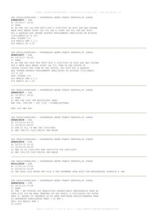 SAO PAULO/GUARULHOS - GOVERNADOR ANDRE FRANCO MONTORO,SP (SBGR)
Z3699/2017 - AGA
B) 18/10/17 18:02
C) PERM
E) AD PRB OPS LDG BTN 0800-1400 E 2200-0300 DE ACFT QUE NAO POSSAM
MNTN PELO MENOS 200KT IAS TIL IAF E 140KT IAS TIL FAF.EXC ACFT
MIL E AQUELAS QUE OPERAM SEGUNDO REGULAMENTO BRASILEIRO DE AVIACAO
CIVIL(RBAC)121 E 129
REF: ROTAER 3-S
AIP BRASIL ENR 2.1.1
AIP BRASIL AD 2.20
SAO PAULO/GUARULHOS - GOVERNADOR ANDRE FRANCO MONTORO,SP (SBGR)
Z2620/2017 - AGA
B) 14/10/17 00:00
C) PERM
E) AD PRB OPS TKOF BTN 0800-1400 E 2200-0300 DE ACFT QUE NAO POSSAM
RCH E MNTN PELO MENOS 200KT IAS TIL 05NM DA THR OPOSTA OU
CRUZAR 6000FT BFR 05NM DA THR OPOSTA. EXC ACFT MIL E AQUELAS
QUE OPERAM SEGUNDO REGULAMENTO BRASILEIRO DE AVIACAO CIVIL(RBAC)
121 E 129
REF: ROTAER 3-S
AIP BRASIL ENR 2.1.1
AIP BRASIL AD 2.20
SAO PAULO/GUARULHOS - GOVERNADOR ANDRE FRANCO MONTORO,SP (SBGR)
Z2469/2017 - AGA
B) 16/08/17 14:52
C) PERM
E) RWY 09R TIPO OPR MODIFICADO PARA:
RWY 09R: VFR/IFR - CAT IIIA - DIURNA/NOTURNA
REF: AIP MAP ADC
SAO PAULO/GUARULHOS - GOVERNADOR ANDRE FRANCO MONTORO,SP (SBGR)
D0426/2019 - AGA
B) 03/04/19 03:30
C) 24/04/19 08:00
D) APR 03 TIL 24 WED THU 0330-0800
E) RWY 09R/27L CLSD DEVIDO SER MAINT
SAO PAULO/GUARULHOS - GOVERNADOR ANDRE FRANCO MONTORO,SP (SBGR)
D0424/2019 - AGA
B) 28/03/19 15:30
C) 18/06/19 06:59
D) MAR 28 29 1530-1800 MON 0445-0759 TUE 0445-0659
E) RWY 09L/27R CLSD DEVIDO SER MAINT
SAO PAULO/GUARULHOS - GOVERNADOR ANDRE FRANCO MONTORO,SP (SBGR)
D0111/2019 - AGA
B) 11/02/19 07:00
C) 24/04/19 23:59
E) TWY ALFA CLSD ENTRE TWY KILO E TWY NOVEMBER PARA ACFT COM ENVERGADURA SUPERIOR A 36M
SAO PAULO/GUARULHOS - GOVERNADOR ANDRE FRANCO MONTORO,SP (SBGR)
Z4458/2016 - ATM
B) 28/11/16 17:08
C) PERM
E) TMA - EM VIRTUDE DOS REQUISITOS OPERACIONAIS NECESSARIOS PARA AS
STAR E/OU SID NA AREA TERMINAL DE SAO PAULO, A UTILIZACAO DAS ROTAS
RNAV 5, SAINDO OU CHEGANDO DO AD SERA DESTINADA EXCLUSIVAMENTE PARA
AS AERONAVES HOMOLOGADAS RNAV 1 OU RNP 1
REF: AIP BRASIL ENR 3
F) FL055
AISWEB - BOLETIM PERSONALIZADO - 01/04/2019 às 12:49:14 UTC - Total de Páginas: 44
página 20 de 44 :: IP 201.81.161.0 :: check 32BDB3E7-384A-4544-9F54EB5B13A3979C
 