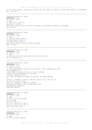 E) SID OSIPA 1B RWY 15 MODIFICAR O NDB RCL PELO WPT GERTU NA PLANTA E NA DESCRICAO TEXTUAL DO SEGUIMENTO
REF.: AIP -MAP
CAMPINAS/VIRACOPOS,SP (SBKP)
Z0201/2019 - ATM
B) 12/03/19 23:36
C) PERM
E) STAR PUPSI 1B RWY 15
STAR PUPSI 1B RWY 33
MODIFICAR O NDB RCL PELO WPT GERTU NA PLANTA E NA DESCRICAO TEXTUAL DO SEGUIMENTO
REF.:AIP-MAP
CAMPINAS/VIRACOPOS,SP (SBKP)
Z0199/2019 - ATM
B) 12/03/19 23:20
C) PERM
E) SID RNAV ISEVU 1A RWY 33
SID RNAV DADGO 1A RWY 33
SID RNAV BOCAS 2A RWY 15
MODIFICAR O NDB RCL PARA WPT GERTU NA PLANTA
REF.: AIP-MAP
CAMPINAS/VIRACOPOS,SP (SBKP)
Z0159/2019 - ATM
B) 26/02/19 17:25
C) PERM
E) TWR AUTH DE TFC VIA DATA LINK ACT HR SER 0900-0300
REF: AIP-BRASIL AD 2
CAMPINAS/VIRACOPOS,SP (SBKP)
Z0130/2019 - ATM
B) 18/02/19 21:10
C) 18/05/19 23:59
E) PROC GERENCIAMENTO FLUXO ACT FLT COM DEST A SBKP CONTEMPLADOS PELAS
RTE PREFERENCIAIS
E RTE TRANSICAO AORRA VIA UZ10, Z10 E Z32 DEVERAO
EFETUAR SEUS PLANEJAMENTOS FLT DE FORMA
A EVITAR O TRECHO BTN VOR
PAI E NDB TBE DENTRO DA JANELA DE ATIVACAO DAS AREAS XAVANTE
A
(SBR431) E XAVANTE B (SBR421) PREVISTA, MON TIL FRI, DAS 1630 UTC
AS 2100 UTC (1530 UTC AS
2000 UTC, DURANTE A VIGENCIA DO HORARIO
BRASILEIRO DE VERAO - HBV) E AINDA OBS AS RTE
ALTERNATIVAS PREVISTAS
PARA ESTE PERIODO
CAMPINAS/VIRACOPOS,SP (SBKP)
Z2598/2017 - CNS
B) 27/08/17 16:05
C) PERM
E) NDB IP 300 KHZ RETIRADO
REF: AIP-MAP
IAC ILS T RWY 15
IAC ILS X OU/OR LOC X RWY 15
IAC ILS Y OU/OR LOC Y RWY 15
ENRC L2/H2 ENRC L5/H5
CAMPINAS/VIRACOPOS,SP (SBKP)
Z1538/2016 - CNS
B) 20/05/16 00:00
C) PERM
E) NDB IB 240KHZ RETIRADO
AISWEB - BOLETIM PERSONALIZADO - 01/04/2019 às 12:49:14 UTC - Total de Páginas: 44
página 27 de 44 :: IP 201.81.161.0 :: check 32BDB3E7-384A-4544-9F54EB5B13A3979C
 