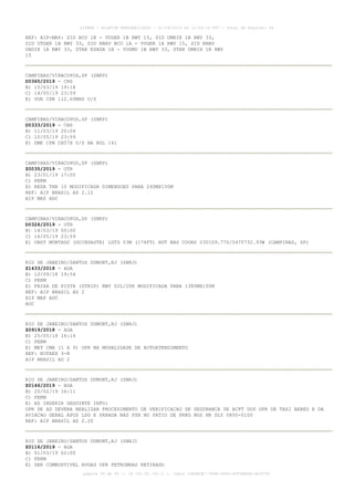 REF: AIP-MAP: SID BCO 1B - VUGER 1B RWY 15, SID UMRIX 1B RWY 33,
SID UTGER 1B RWY 33, SID RNAV BCO 1A - VUGER 1A RWY 15, SID RNAV
OBDIK 1A RWY 33, STAR ESADA 1B - VUGMU 1B RWY 33, STAR UMRIX 1B RWY
15
CAMPINAS/VIRACOPOS,SP (SBKP)
D0365/2019 - CNS
B) 15/03/19 19:18
C) 14/05/19 23:59
E) VOR CPN 112.00MHZ U/S
CAMPINAS/VIRACOPOS,SP (SBKP)
D0333/2019 - CNS
B) 11/03/19 20:04
C) 10/05/19 23:59
E) DME CPN CH57X U/S NA RDL 141
CAMPINAS/VIRACOPOS,SP (SBKP)
Z0035/2019 - OTR
B) 23/01/19 17:00
C) PERM
E) RESA THR 15 MODIFICADA DIMENSOES PARA 240MX150M
REF: AIP BRASIL AD 2.12
AIP MAP ADC
CAMPINAS/VIRACOPOS,SP (SBKP)
D0326/2019 - OTR
B) 14/03/19 00:00
C) 16/05/19 23:59
E) OBST MONTADO (GUINDASTE) LGTD 53M (174FT) HGT NAS COORD 230109.77S/0470732.93W (CAMPINAS, SP)
RIO DE JANEIRO/SANTOS DUMONT,RJ (SBRJ)
Z1433/2018 - AGA
B) 12/09/18 19:54
C) PERM
E) FAIXA DE PISTA (STRIP) RWY 02L/20R MODIFICADA PARA 1380MX150M
REF: AIP BRASIL AD 2
AIP MAP ADC
AOC
RIO DE JANEIRO/SANTOS DUMONT,RJ (SBRJ)
Z0919/2018 - AGA
B) 25/05/18 14:14
C) PERM
E) MET CMA (1 A 9) OPR NA MODALIDADE DE AUTOATENDIMENTO
REF: ROTAER 3-R
AIP BRASIL AD 2
RIO DE JANEIRO/SANTOS DUMONT,RJ (SBRJ)
Z0146/2019 - AGA
B) 20/02/19 16:11
C) PERM
E) AD INSERIR SEGUINTE INFO:
OPR DE AD DEVERA REALIZAR PROCEDIMENTO DE VERIFICACAO DE SEGURANCA DE ACFT DOS OPR DE TAXI AEREO E DA
AVIACAO GERAL APOS LDG E PARADA NAS PSN NO PATIO DE PRKG NOS HR DLY 0800-0100
REF: AIP BRASIL AD 2.20
RIO DE JANEIRO/SANTOS DUMONT,RJ (SBRJ)
Z0116/2019 - AGA
B) 01/03/19 02:00
C) PERM
E) SER COMBUSTIVEL AVGAS OPR PETROBRAS RETIRADO
AISWEB - BOLETIM PERSONALIZADO - 01/04/2019 às 12:49:14 UTC - Total de Páginas: 44
página 28 de 44 :: IP 201.81.161.0 :: check 32BDB3E7-384A-4544-9F54EB5B13A3979C
 