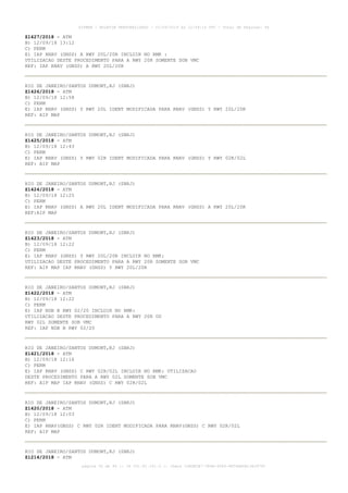 Z1427/2018 - ATM
B) 12/09/18 13:12
C) PERM
E) IAP RNAV (GNSS) A RWY 20L/20R INCLUIR NO RMK :
UTILIZACAO DESTE PROCEDIMENTO PARA A RWY 20R SOMENTE SOB VMC
REF: IAP RNAV (GNSS) A RWY 20L/20R
RIO DE JANEIRO/SANTOS DUMONT,RJ (SBRJ)
Z1426/2018 - ATM
B) 12/09/18 12:58
C) PERM
E) IAP RNAV (GNSS) Y RWY 20L IDENT MODIFICADA PARA RNAV (GNSS) Y RWY 20L/20R
REF: AIP MAP
RIO DE JANEIRO/SANTOS DUMONT,RJ (SBRJ)
Z1425/2018 - ATM
B) 12/09/18 12:43
C) PERM
E) IAP RNAV (GNSS) Y RWY 02R IDENT MODIFICADA PARA RNAV (GNSS) Y RWY 02R/02L
REF: AIP MAP
RIO DE JANEIRO/SANTOS DUMONT,RJ (SBRJ)
Z1424/2018 - ATM
B) 12/09/18 12:25
C) PERM
E) IAP RNAV (GNSS) A RWY 20L IDENT MODIFICADA PARA RNAV (GNSS) A RWY 20L/20R
REF:AIP MAP
RIO DE JANEIRO/SANTOS DUMONT,RJ (SBRJ)
Z1423/2018 - ATM
B) 12/09/18 12:22
C) PERM
E) IAP RNAV (GNSS) Y RWY 20L/20R INCLUIR NO RMK:
UTILIZACAO DESTE PROCEDIMENTO PARA A RWY 20R SOMENTE SOB VMC
REF: AIP MAP IAP RNAV (GNSS) Y RWY 20L/20R
RIO DE JANEIRO/SANTOS DUMONT,RJ (SBRJ)
Z1422/2018 - ATM
B) 12/09/18 12:22
C) PERM
E) IAP NDB B RWY 02/20 INCLUIR NO RMK:
UTILIZACAO DESTE PROCEDIMENTO PARA A RWY 20R OU
RWY 02L SOMENTE SOB VMC
REF: IAP NDB B RWY 02/20
RIO DE JANEIRO/SANTOS DUMONT,RJ (SBRJ)
Z1421/2018 - ATM
B) 12/09/18 12:16
C) PERM
E) IAP RNAV (GNSS) C RWY 02R/02L INCLUIR NO RMK: UTILIZACAO
DESTE PROCEDIMENTO PARA A RWY 02L SOMENTE SOB VMC
REF: AIP MAP IAP RNAV (GNSS) C RWY 02R/02L
RIO DE JANEIRO/SANTOS DUMONT,RJ (SBRJ)
Z1420/2018 - ATM
B) 12/09/18 12:03
C) PERM
E) IAP RNAV(GNSS) C RWY 02R IDENT MODIFICADA PARA RNAV(GNSS) C RWY 02R/02L
REF: AIP MAP
RIO DE JANEIRO/SANTOS DUMONT,RJ (SBRJ)
Z1214/2018 - ATM
AISWEB - BOLETIM PERSONALIZADO - 01/04/2019 às 12:49:14 UTC - Total de Páginas: 44
página 30 de 44 :: IP 201.81.161.0 :: check 32BDB3E7-384A-4544-9F54EB5B13A3979C
 