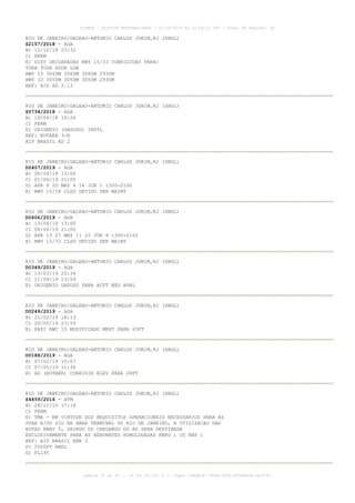 RIO DE JANEIRO/GALEAO-ANTONIO CARLOS JOBIM,RJ (SBGL)
Z2157/2018 - AGA
B) 13/12/18 23:32
C) PERM
E) DIST DECLARADAS RWY 15/33 CORRIGIDAS PARA:
TORA TODA ASDA LDA
RWY 15 3060M 3060M 3060M 2930M
RWY 33 3050M 3050M 3050M 2930M
REF: AIP AD 2.13
RIO DE JANEIRO/GALEAO-ANTONIO CARLOS JOBIM,RJ (SBGL)
Z0734/2018 - AGA
B) 19/04/18 19:26
C) PERM
E) OXIGENIO (GASOSO) INSTL
REF: ROTAER 3-R
AIP BRASIL AD 2
RIO DE JANEIRO/GALEAO-ANTONIO CARLOS JOBIM,RJ (SBGL)
D0407/2019 - AGA
B) 06/04/19 13:00
C) 01/06/19 21:00
D) APR 6 20 MAY 4 18 JUN 1 1300-2100
E) RWY 10/28 CLSD DEVIDO SER MAINT
RIO DE JANEIRO/GALEAO-ANTONIO CARLOS JOBIM,RJ (SBGL)
D0406/2019 - AGA
B) 13/04/19 13:00
C) 08/06/19 21:00
D) APR 13 27 MAY 11 25 JUN 8 1300-2100
E) RWY 15/33 CLSD DEVIDO SER MAINT
RIO DE JANEIRO/GALEAO-ANTONIO CARLOS JOBIM,RJ (SBGL)
D0349/2019 - AGA
B) 13/03/19 20:34
C) 11/04/19 23:59
E) OXIGENIO GASOSO PARA ACFT NEG AVBL
RIO DE JANEIRO/GALEAO-ANTONIO CARLOS JOBIM,RJ (SBGL)
D0249/2019 - AGA
B) 21/02/19 18:13
C) 20/05/19 23:59
E) PAPI RWY 15 MODIFICADO MEHT PARA 65FT
RIO DE JANEIRO/GALEAO-ANTONIO CARLOS JOBIM,RJ (SBGL)
D0188/2019 - AGA
B) 07/02/19 15:07
C) 07/05/19 11:36
E) AD (ROTAER) CORRIGIR ELEV PARA 28FT
RIO DE JANEIRO/GALEAO-ANTONIO CARLOS JOBIM,RJ (SBGL)
Z4459/2016 - ATM
B) 28/11/16 17:18
C) PERM
E) TMA - EM VIRTUDE DOS REQUISITOS OPERACIONAIS NECESSARIOS PARA AS
STAR E/OU SID NA AREA TERMINAL DO RIO DE JANEIRO, A UTILIZACAO DAS
ROTAS RNAV 5, SAINDO OU CHEGANDO DO AD SERA DESTINADA
EXCLUSIVAMENTE PARA AS AERONAVES HOMOLOGADAS RNAV 1 OU RNP 1
REF: AIP BRASIL ENR 3
F) 2500FT AMSL
G) FL195
AISWEB - BOLETIM PERSONALIZADO - 01/04/2019 às 12:49:14 UTC - Total de Páginas: 44
página 33 de 44 :: IP 201.81.161.0 :: check 32BDB3E7-384A-4544-9F54EB5B13A3979C
 