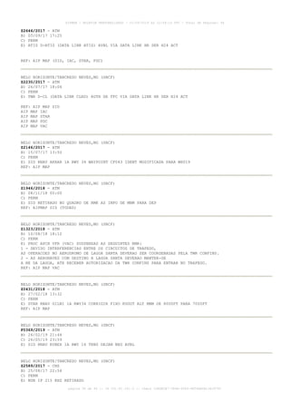Z2646/2017 - ATM
B) 05/09/17 17:25
C) PERM
E) ATIS D-ATIS (DATA LINK ATIS) AVBL VIA DATA LINK HR SER H24 ACT
REF: AIP MAP (SID, IAC, STAR, PDC)
BELO HORIZONTE/TANCREDO NEVES,MG (SBCF)
Z2230/2017 - ATM
B) 26/07/17 18:06
C) PERM
E) TWR D-CL (DATA LINK CLRD) AUTH DE TFC VIA DATA LINK HR SER H24 ACT
REF: AIP MAP SID
AIP MAP IAC
AIP MAP STAR
AIP MAP PDC
AIP MAP VAC
BELO HORIZONTE/TANCREDO NEVES,MG (SBCF)
Z2146/2017 - ATM
B) 15/07/17 13:50
C) PERM
E) SID RNAV AKRAR 1A RWY 34 WAYPOINT CF043 IDENT MODIFICADA PARA WH019
REF: AIP MAP
BELO HORIZONTE/TANCREDO NEVES,MG (SBCF)
Z1946/2018 - ATM
B) 08/11/18 00:00
C) PERM
E) SID RETIRADO NO QUADRO DE RMK AS INFO DE MNM PARA DEP
REF: AIPMAP SID (TODAS)
BELO HORIZONTE/TANCREDO NEVES,MG (SBCF)
Z1323/2018 - ATM
B) 10/08/18 18:12
C) PERM
E) PROC APCH VFR (VAC) SUSPENSAS AS SEGUINTES RMK:
1 - DEVIDO INTERFERENCIAS ENTRE OS CIRCUITOS DE TRAFEGO,
AS OPERACOES NO AERODROMO DE LAGOA SANTA DEVERAO SER COORDENADAS PELA TWR CONFINS.
2 - AS AERONAVES COM DESTINO A LAGOA SANTA DEVERAO MANTER-SE
A NE DA LAGOA, ATE RECEBER AUTORIZACAO DA TWR CONFINS PARA ENTRAR NO TRAFEGO.
REF: AIP MAP VAC
BELO HORIZONTE/TANCREDO NEVES,MG (SBCF)
Z0431/2018 - ATM
B) 27/02/18 13:32
C) PERM
E) STAR RNAV GILNI 1A RWY34 CORRIGIR FIXO KUGUT ALT MNM DE 8000FT PARA 7000FT
REF: AIP MAP
BELO HORIZONTE/TANCREDO NEVES,MG (SBCF)
F0369/2019 - ATM
B) 26/02/19 21:44
C) 26/05/19 23:59
E) SID RNAV KUBEX 1A RWY 16 TRNS DEJAN NEG AVBL
BELO HORIZONTE/TANCREDO NEVES,MG (SBCF)
Z2589/2017 - CNS
B) 25/08/17 22:54
C) PERM
E) NDB IF 215 KHZ RETIRADO
AISWEB - BOLETIM PERSONALIZADO - 01/04/2019 às 12:49:14 UTC - Total de Páginas: 44
página 38 de 44 :: IP 201.81.161.0 :: check 32BDB3E7-384A-4544-9F54EB5B13A3979C
 