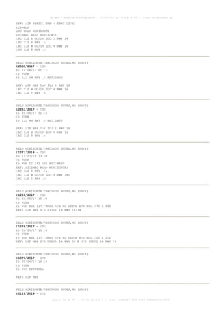 REF: AIP BRASIL ENR 6 ENRC L2/H2
AIP-MAP
ARC BELO HORIZONTE
ATCSMAC BELO HORIZONTE
IAC ILS X OU/OR LOC X RWY 16
IAC ILS K RWY 16
IAC ILS W OU/OR LOC W RWY 16
IAC ILS T RWY 16
BELO HORIZONTE/TANCREDO NEVES,MG (SBCF)
Z2552/2017 - CNS
B) 22/08/17 01:13
C) PERM
E) ILS OM RWY 16 RETIRADO
REF: AIP MAP IAC ILS K RWY 16
IAC ILS W OU/OR LOC W RWY 16
IAC ILS T RWY 16
BELO HORIZONTE/TANCREDO NEVES,MG (SBCF)
Z2551/2017 - CNS
B) 22/08/17 01:10
C) PERM
E) ILS MM RWY 16 RETIRADO
REF: AIP MAP IAC ILS K RWY 16
IAC ILS W OU/OR LOC W RWY 16
IAC ILS T RWY 16
BELO HORIZONTE/TANCREDO NEVES,MG (SBCF)
Z1271/2018 - CNS
B) 17/07/18 13:48
C) PERM
E) NDB IC 245 KHZ RETIRADO
REF: ATCSMAC BELO HORIZONTE;
IAC ILS K RWY 16;
IAC ILS W OU/OR LOC W RWY 16;
IAC ILS T RWY 16
BELO HORIZONTE/TANCREDO NEVES,MG (SBCF)
Z1259/2017 - CNS
B) 05/05/17 15:36
C) PERM
E) VOR BHZ 117.70MHZ U/S NO SETOR BTN RDL 072 E 082
REF: AIP MAP SID SINEK 1A RWY 16/34
BELO HORIZONTE/TANCREDO NEVES,MG (SBCF)
Z1258/2017 - CNS
B) 05/05/17 15:34
C) PERM
E) VOR BHZ 117.70MHZ U/S NO SETOR BTN RDL 202 E 212
REF: AIP MAP SID UGRUL 1A RWY 34 E SID UGRUL 1B RWY 16
BELO HORIZONTE/TANCREDO NEVES,MG (SBCF)
Z1975/2017 - OTR
B) 20/06/17 15:24
C) PERM
E) PDC RETIRADA
REF: AIP MAP
BELO HORIZONTE/TANCREDO NEVES,MG (SBCF)
Z0118/2019 - OTR
AISWEB - BOLETIM PERSONALIZADO - 01/04/2019 às 12:49:14 UTC - Total de Páginas: 44
página 39 de 44 :: IP 201.81.161.0 :: check 32BDB3E7-384A-4544-9F54EB5B13A3979C
 