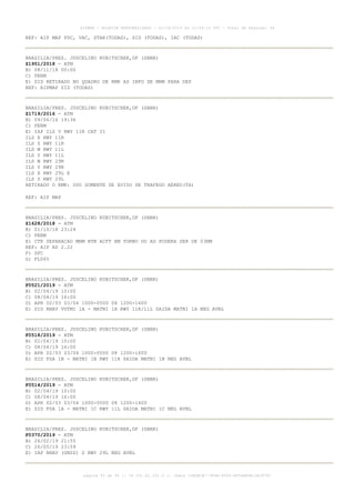 REF: AIP MAP PDC, VAC, STAR(TODAS), SID (TODAS), IAC (TODAS)
BRASILIA/PRES. JUSCELINO KUBITSCHEK,DF (SBBR)
Z1951/2018 - ATM
B) 08/11/18 00:00
C) PERM
E) SID RETIRADO NO QUADRO DE RMK AS INFO DE MNM PARA DEP
REF: AIPMAP SID (TODAS)
BRASILIA/PRES. JUSCELINO KUBITSCHEK,DF (SBBR)
Z1719/2016 - ATM
B) 09/06/16 19:36
C) PERM
E) IAP ILS V RWY 11R CAT II
ILS X RWY 11R
ILS Z RWY 11R
ILS W RWY 11L
ILS Y RWY 11L
ILS W RWY 29R
ILS Y RWY 29R
ILS X RWY 29L E
ILS Z RWY 29L
RETIRADO O RMK: USO SOMENTE DE AVISO DE TRAFEGO AEREO(TA)
REF: AIP MAP
BRASILIA/PRES. JUSCELINO KUBITSCHEK,DF (SBBR)
Z1628/2018 - ATM
B) 01/10/18 23:24
C) PERM
E) CTR SEPARACAO MNM BTN ACFT EM TORNO DO AD PODERA SER DE 03NM
REF: AIP AD 2.22
F) SFC
G) FL065
BRASILIA/PRES. JUSCELINO KUBITSCHEK,DF (SBBR)
F0521/2019 - ATM
B) 02/04/19 10:00
C) 08/04/19 16:00
D) APR 02/03 03/04 1000-0500 08 1200-1600
E) SID RNAV VUTMI 1A - MATNI 1A RWY 11R/11L SAIDA MATNI 1A NEG AVBL
BRASILIA/PRES. JUSCELINO KUBITSCHEK,DF (SBBR)
F0518/2019 - ATM
B) 02/04/19 10:00
C) 08/04/19 16:00
D) APR 02/03 03/04 1000-0500 08 1200-1600
E) SID FSA 1B - MATNI 1B RWY 11R SAIDA MATNI 1B NEG AVBL
BRASILIA/PRES. JUSCELINO KUBITSCHEK,DF (SBBR)
F0514/2019 - ATM
B) 02/04/19 10:00
C) 08/04/19 16:00
D) APR 02/03 03/04 1000-0500 08 1200-1600
E) SID FSA 1A - MATNI 1C RWY 11L SAIDA MATNI 1C NEG AVBL
BRASILIA/PRES. JUSCELINO KUBITSCHEK,DF (SBBR)
F0370/2019 - ATM
B) 26/02/19 21:55
C) 26/05/19 23:59
E) IAP RNAV (GNSS) Z RWY 29L NEG AVBL
AISWEB - BOLETIM PERSONALIZADO - 01/04/2019 às 12:49:14 UTC - Total de Páginas: 44
página 42 de 44 :: IP 201.81.161.0 :: check 32BDB3E7-384A-4544-9F54EB5B13A3979C
 