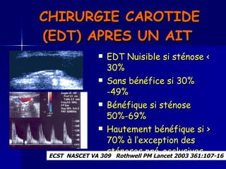 CHIRURGIE CAROTIDE (EDT) APRES UN AIT   EDT Nuisible si sténose < 30%  Sans bénéfice si 30% -49% Bénéfique si sténose 50%-69% Hautement bénéfique si > 70% à l’exception des sténoses pré-occlusives  ECST  NASCET VA 309  Rothwell PM Lancet 2003 361:107-16   