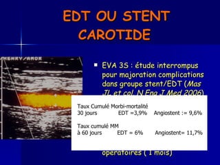 EDT OU STENT CAROTIDE   EVA 3S : étude interrompus pour majoration complications dans groupe stent/EDT ( Mas JL et col. N Eng J Med 2006 )  Etude SPACE ( Lancet octobre 2006 ) : échec pour démontrer le bénéfice du stent / EDT dans les complications péri-opératoires ( 1 mois)   Taux Cumulé Morbi-mortalité  30 jours    EDT =3,9%  Angiostent := 9,6% Taux cumulé MM  à 60 jours  EDT = 6%  Angiostent= 11,7% 