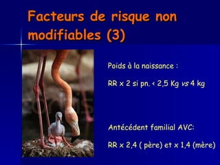 Facteurs de risque non modifiables (3)   Poids à la naissance : RR x 2 si pn. < 2,5 Kg  vs  4 kg Antécédent familial AVC:  RR x 2,4 ( père) et x 1,4 (mère) 