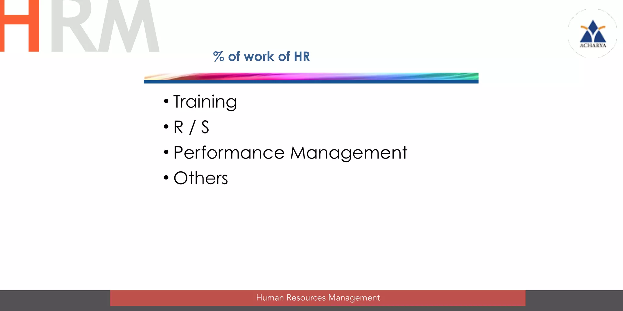 % of work of HR
• Training
• R / S
• Performance Management
• Others
Human Resources Management
HRM
 