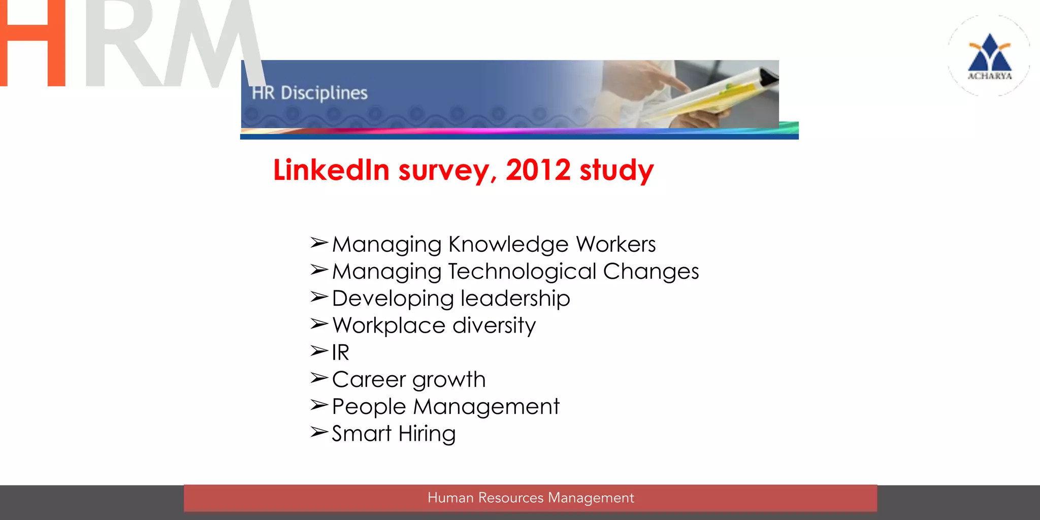 LinkedIn survey, 2012 study
➢Managing Knowledge Workers
➢Managing Technological Changes
➢Developing leadership
➢Workplace diversity
➢IR
➢Career growth
➢People Management
➢Smart Hiring
Human Resources Management
HRM
 