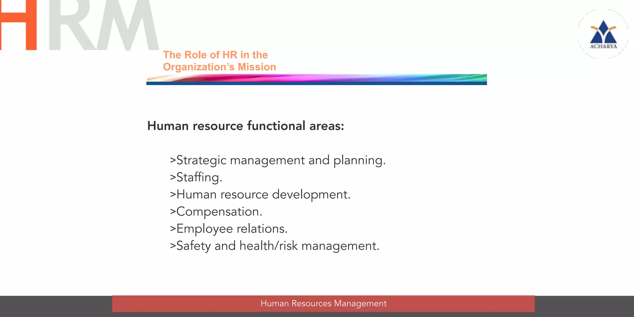 The Role of HR in the
Organization’s Mission
Human resource functional areas:
>Strategic management and planning.
>Staffing.
>Human resource development.
>Compensation.
>Employee relations.
>Safety and health/risk management.
Human Resources Management
HRM
 