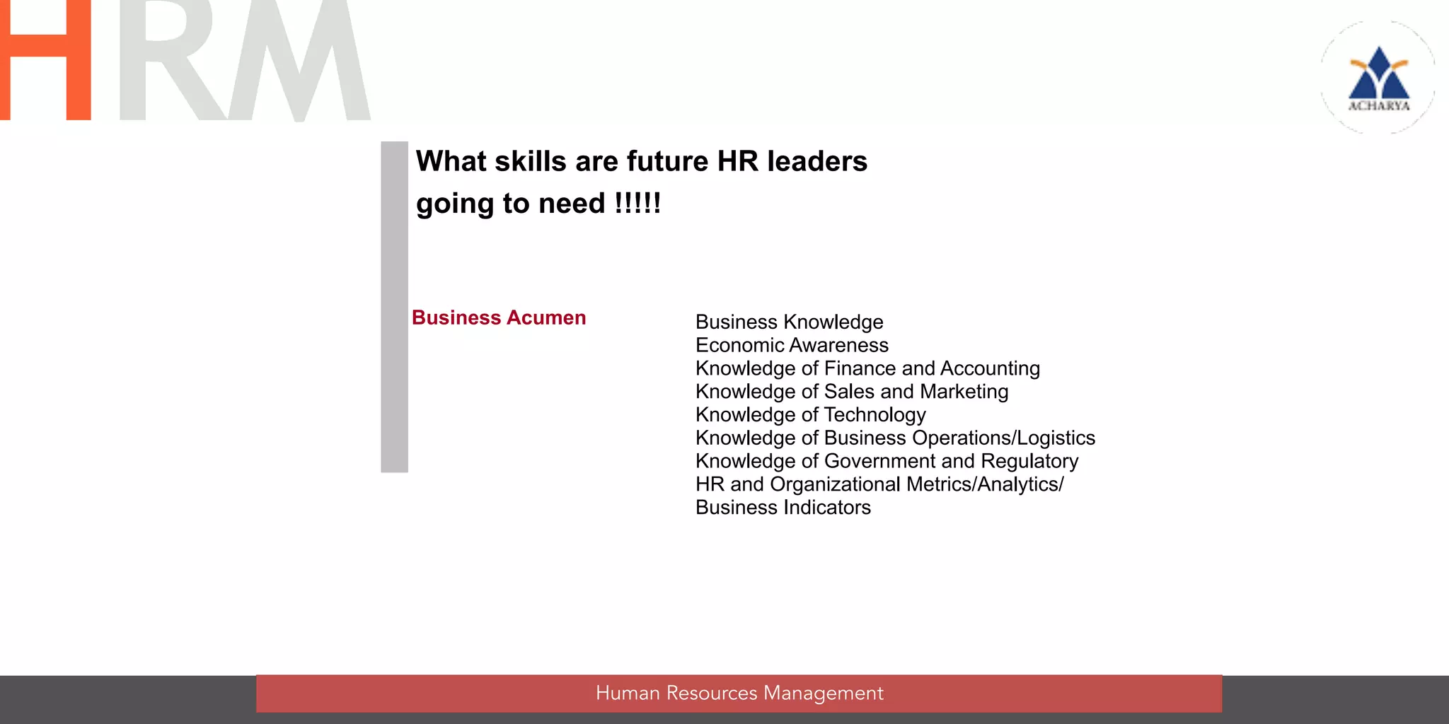 Business Acumen Business Knowledge
Economic Awareness
Knowledge of Finance and Accounting
Knowledge of Sales and Marketing
Knowledge of Technology
Knowledge of Business Operations/Logistics
Knowledge of Government and Regulatory
HR and Organizational Metrics/Analytics/
Business Indicators
What skills are future HR leaders
going to need !!!!!
Human Resources Management
HRM
 