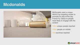Mcdonalds
McDonalds used a unique
World Cup targeting cluster to
promote its play-of-the day
French fry videos to people
most likely to engage with the
content
125m unique people reached
100m people on mobile
150 countries reached
 
