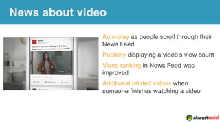 News about video
Auto-play as people scroll through their
News Feed
Publicity displaying a video’s view count
Video ranking in News Feed was
improved
Additional related videos when
someone ﬁnishes watching a video
 