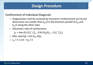 Confinement of Individual Diagonals
– Diagonal bars shall be enclosed by transverse reinforcement out-to-out
dimensions not smaller than bw/2 in the direction parallel to bw and
bw/5 along the other sides
– Volumetric ratio of confinement,
ρs = max (0.12 fc’ / fyt , 0.45 (Ag/Ach – 1) fc’ / fyt)
– Max. spacing = min (s0, 6db)
– s0 = 4 + (14 – hx) / 3
12
 