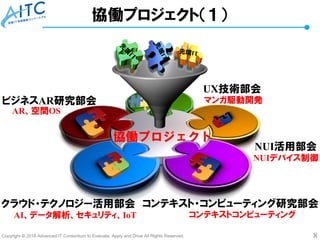 Copyright © 2018 Advanced IT Consortium to Evaluate, Apply and Drive All Rights Reserved. 8
協働プロジェクト（１）
協働プロジェクト
NUI活用部会
クラウド・テクノロジー活用部会 コンテキスト・コンピューティング研究部会
ビジネスAR研究部会
UX技術部会
コンテキストコンピューティングAI、データ解析、セキュリティ、IoT
AR、空間OS
マンガ駆動開発
NUIデバイス制御
 