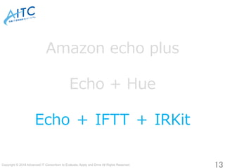 Copyright © 2018 Advanced IT Consortium to Evaluate, Apply and Drive All Rights Reserved.	
13	
Amazon echo plus
Echo + Hue
Echo ＋ IFTT ＋ IRKit
 