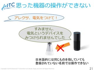 Copyright © 2018 Advanced IT Consortium to Evaluate, Apply and Drive All Rights Reserved.	
思った機器の操作ができない
21	
アレクサ、電気をつけて！ 	
すみません、	
電気というデバイスを	
みつけられませんでした  	
✕	
日本語的には同じものを指していても
登録されていない名前では操作できない	
 