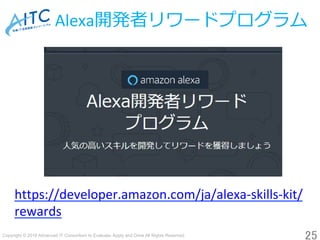 Copyright © 2018 Advanced IT Consortium to Evaluate, Apply and Drive All Rights Reserved.	
Alexa開発者リワードプログラム
https://developer.amazon.com/ja/alexa-skills-kit/
rewards	
25	
 