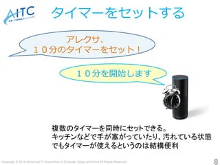Copyright © 2018 Advanced IT Consortium to Evaluate, Apply and Drive All Rights Reserved.	
タイマーをセットする
8	
アレクサ、	
１０分のタイマーをセット！	
１０分を開始します  	
複数のタイマーを同時にセットできる。
キッチンなどで手が塞がっていたり、汚れている状態
でもタイマーが使えるというのは結構便利
	
 