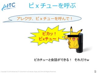 Copyright © 2018 Advanced IT Consortium to Evaluate, Apply and Drive All Rights Reserved.	
ピｘチューを呼ぶ
9	
アレクサ、ピｘチューを呼んで！	
ピカチューと会話ができる！　それだけｗ	
ピカッ！
ピｘチュ～！	
 