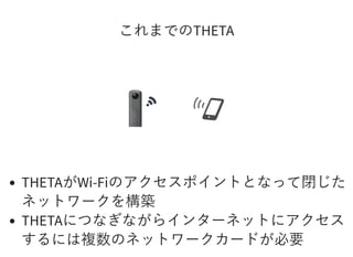 これまでのTHETA
THETAがWi-Fiのアクセスポイントとなって閉じた
ネットワークを構築
THETAにつなぎながらインターネットにアクセス
するには複数のネットワークカードが必要
 