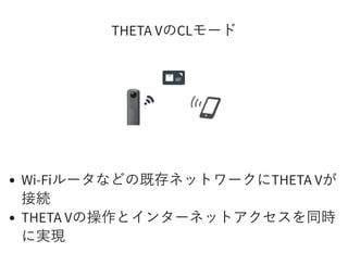 THETA VのCLモード
Wi-Fiルータなどの既存ネットワークにTHETA Vが
接続
THETA Vの操作とインターネットアクセスを同時
に実現
 